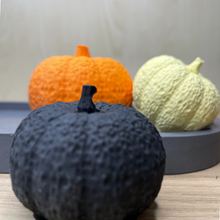 Load image into Gallery viewer, image shows 3 jesmonite pumpkin ornaments in 3 sizes and colours.