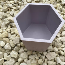 Load image into Gallery viewer, image shows the top view of a jesmonite hexagon pot suitable for pens or makeup brushes in a lavender colour.
